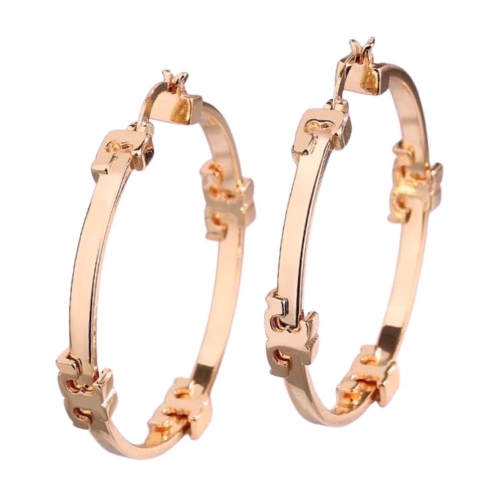 TORY BURCH • Rose Gold Serif T Logo Hoop Earrings - Picture 10 of 11